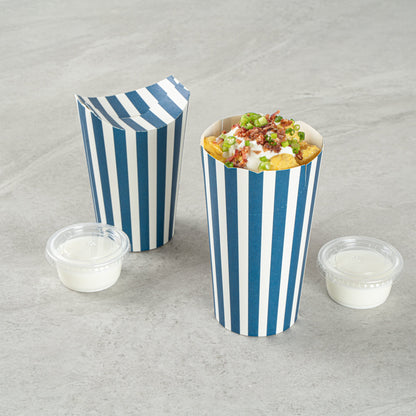 Bio Tek 20 oz Round Blue and White Stripe Paper To Go Fry Cup - 3 1/4" x 3 1/4" x 5" - 100 count box