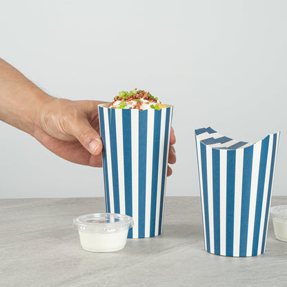 Bio Tek 20 oz Round Blue and White Stripe Paper To Go Fry Cup - 3 1/4" x 3 1/4" x 5" - 100 count box