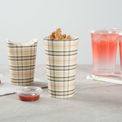 Bio Tek 20 oz Round Plaid Paper To Go Fry Cup - 3 1/4" x 3 1/4" x 5" - 100 count box