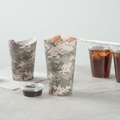 Bio Tek 20 oz Round Camouflage Paper To Go Fry Cup - 3 1/4" x 3 1/4" x 5" - 100 count box