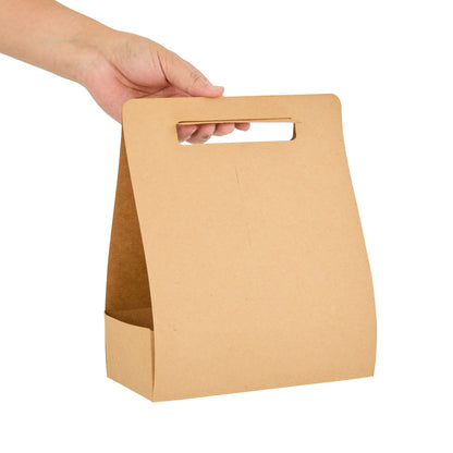 Bio Tek Kraft Paper To Go Lunch / Drink Carrier - with Handle - 8 3/4" x 4 1/4" x 8" - 100 count box