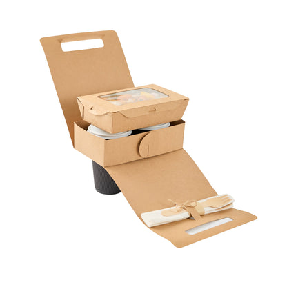 Bio Tek Kraft Paper To Go Lunch / Drink Carrier - with Handle - 8 3/4" x 4 1/4" x 8" - 100 count box