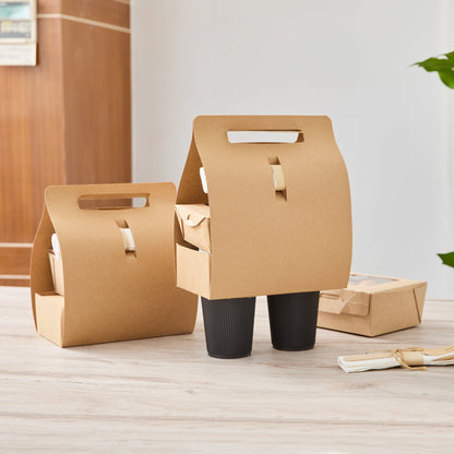 Bio Tek Kraft Paper To Go Lunch / Drink Carrier - with Handle - 8 3/4" x 4 1/4" x 8" - 100 count box