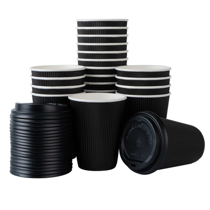 Restpresso 12 oz Black Paper Ripple Wall Coffee Cup - with Black Lid - 3 1/2" x 3 1/2" x 5" - 20 count box