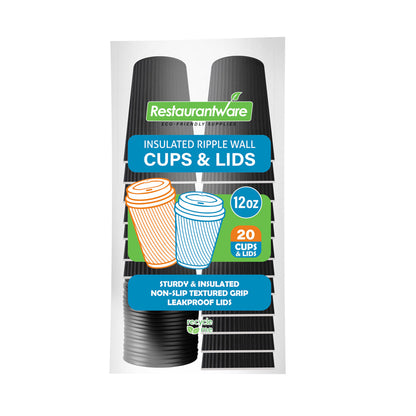 Restpresso 12 oz Black Paper Ripple Wall Coffee Cup - with Black Lid - 3 1/2" x 3 1/2" x 5" - 20 count box
