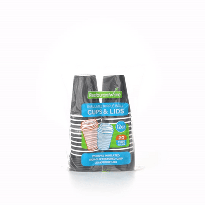 Restpresso 12 oz Black Paper Ripple Wall Coffee Cup - with Black Lid - 3 1/2" x 3 1/2" x 5" - 20 count box