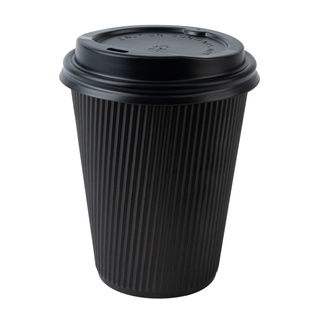 Restpresso 12 oz Black Paper Ripple Wall Coffee Cup - with Black Lid - 3 1/2" x 3 1/2" x 5" - 20 count box