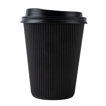 Restpresso 12 oz Black Paper Ripple Wall Coffee Cup - with Black Lid - 3 1/2" x 3 1/2" x 5" - 20 count box