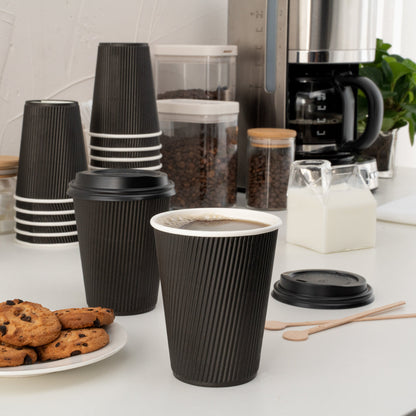 Restpresso 12 oz Black Paper Ripple Wall Coffee Cup - with Black Lid - 3 1/2" x 3 1/2" x 5" - 200 count box