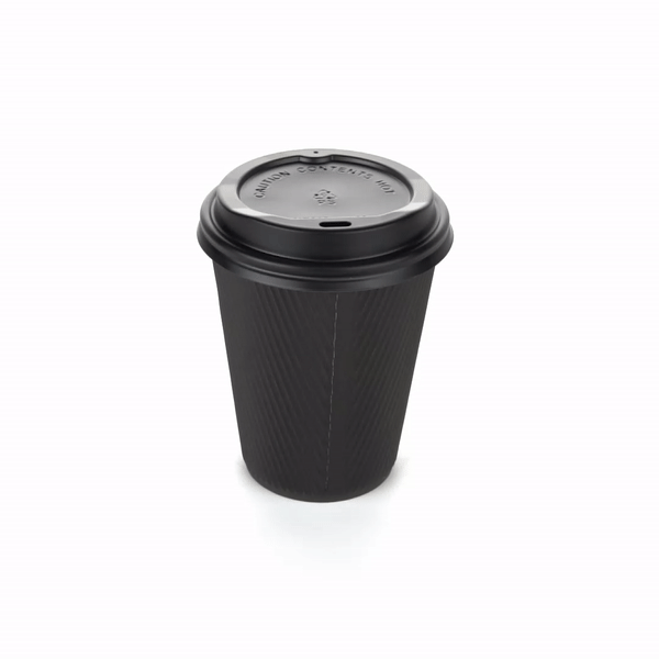 Restpresso 12 oz Black Paper Ripple Wall Coffee Cup - with Black Lid - 3 1/2" x 3 1/2" x 5" - 200 count box