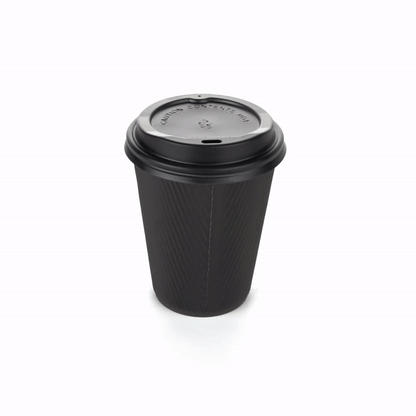 Restpresso 12 oz Black Paper Ripple Wall Coffee Cup - with Black Lid - 3 1/2" x 3 1/2" x 5" - 200 count box