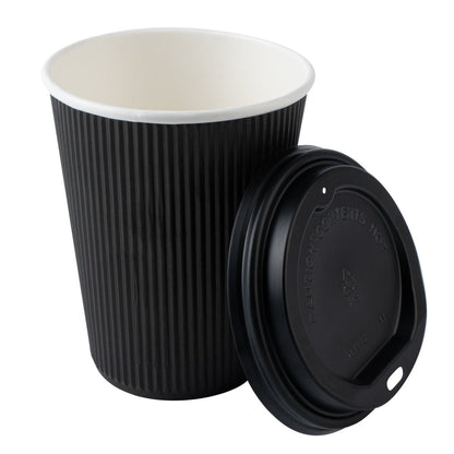 Restpresso 12 oz Black Paper Ripple Wall Coffee Cup - with Black Lid - 3 1/2" x 3 1/2" x 5" - 200 count box
