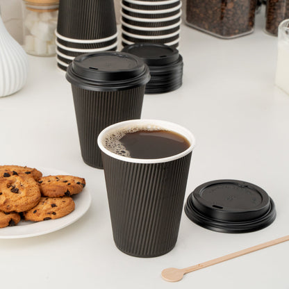 Restpresso 12 oz Black Paper Ripple Wall Coffee Cup - with Black Lid - 3 1/2" x 3 1/2" x 5" - 200 count box