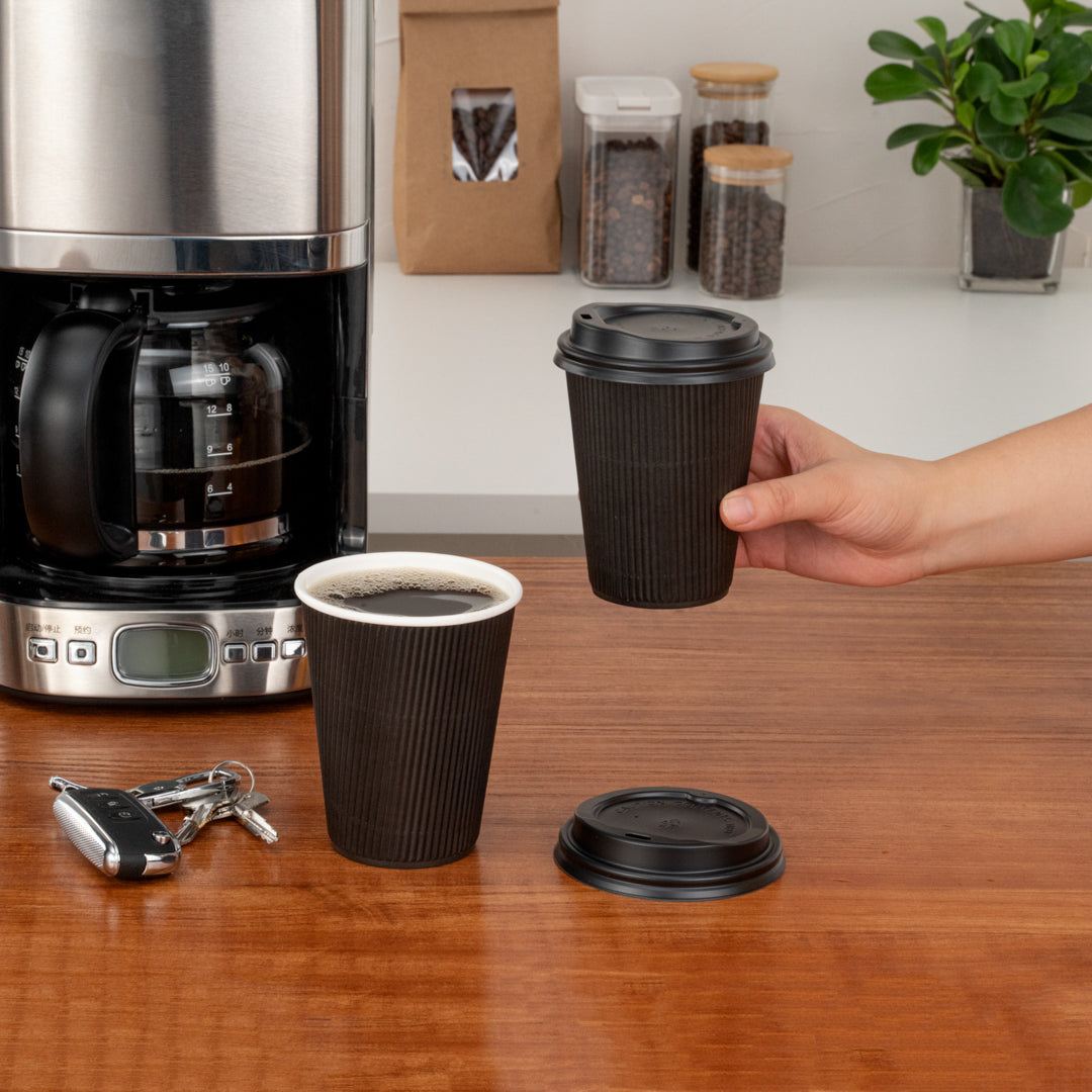 Restpresso 12 oz Black Paper Ripple Wall Coffee Cup - with Black Lid - 3 1/2" x 3 1/2" x 5" - 200 count box