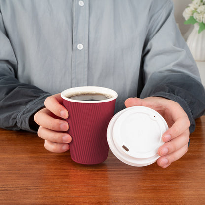 Restpresso 12 oz Crimson Paper Ripple Wall Coffee Cup - with White Lid - 3 1/2" x 3 1/2" x 5" - 20 count box