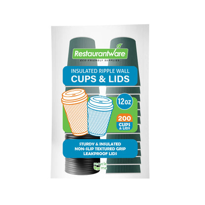 Restpresso 12 oz Dark Green Paper Ripple Wall Coffee Cup - with Black Lid - 3 1/2" x 3 1/2" x 5" - 200 count box