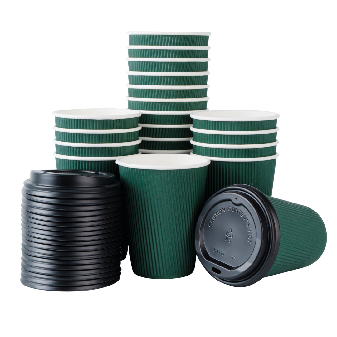 Restpresso 12 oz Dark Green Paper Ripple Wall Coffee Cup - with Black Lid - 3 1/2" x 3 1/2" x 5" - 20 count box