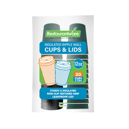 Restpresso 12 oz Dark Green Paper Ripple Wall Coffee Cup - with Black Lid - 3 1/2" x 3 1/2" x 5" - 20 count box