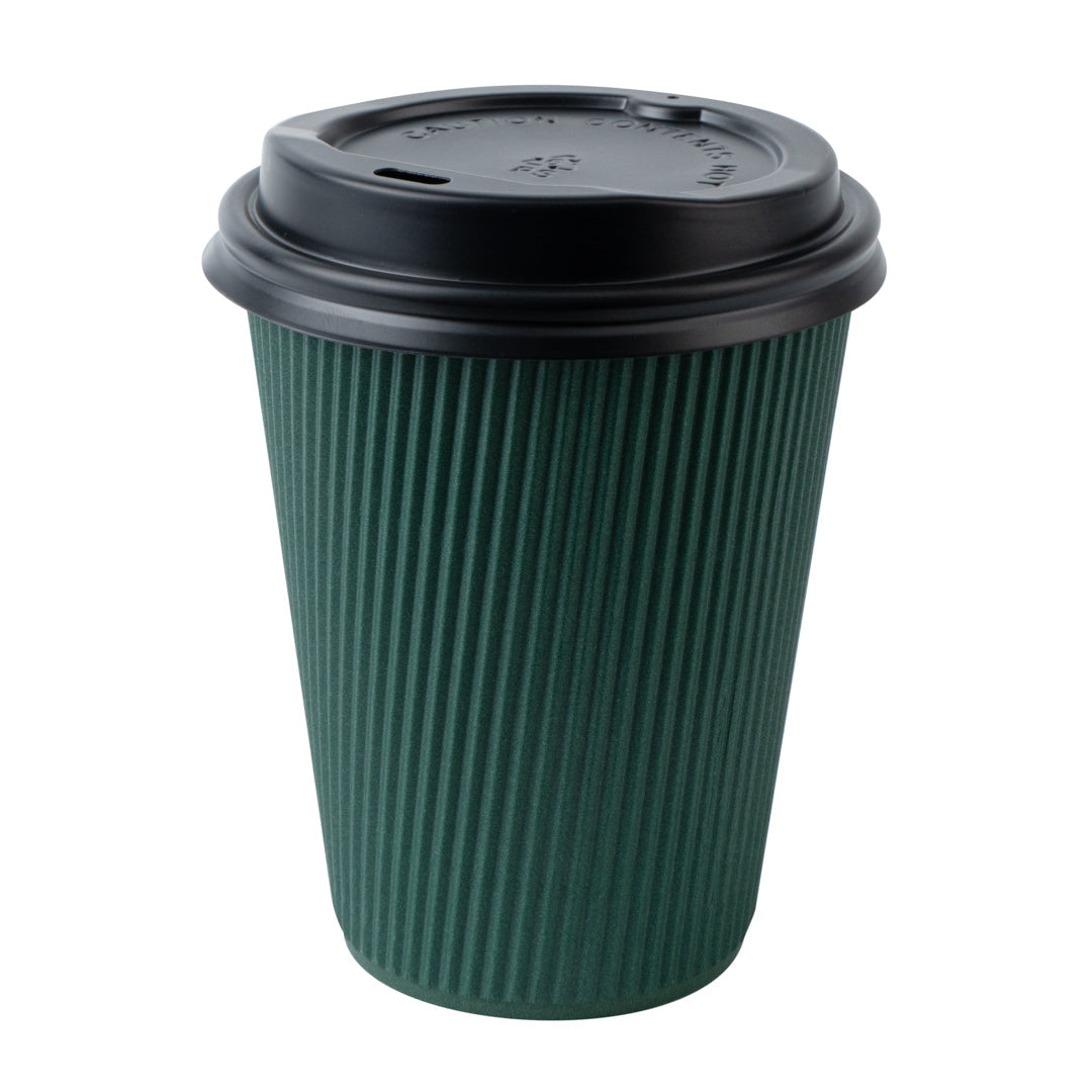 Restpresso 12 oz Dark Green Paper Ripple Wall Coffee Cup - with Black Lid - 3 1/2" x 3 1/2" x 5" - 20 count box