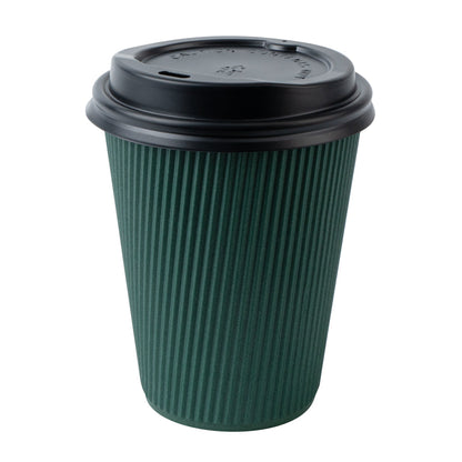 Restpresso 12 oz Dark Green Paper Ripple Wall Coffee Cup - with Black Lid - 3 1/2" x 3 1/2" x 5" - 20 count box