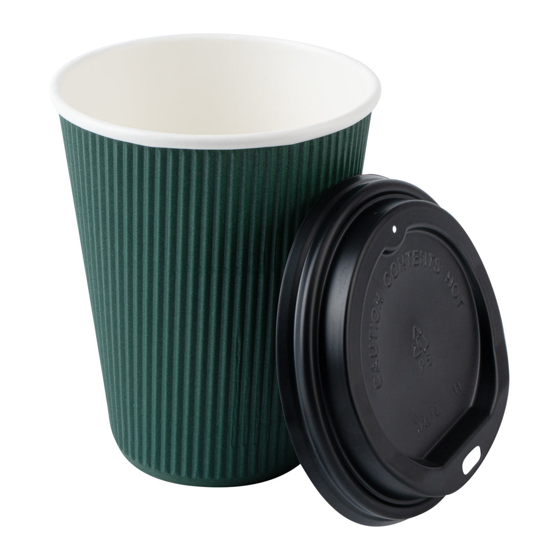 Restpresso 12 oz Dark Green Paper Ripple Wall Coffee Cup - with Black Lid - 3 1/2" x 3 1/2" x 5" - 20 count box