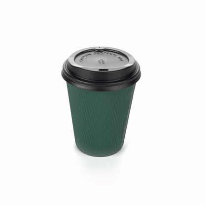 Restpresso 12 oz Dark Green Paper Ripple Wall Coffee Cup - with Black Lid - 3 1/2" x 3 1/2" x 5" - 200 count box