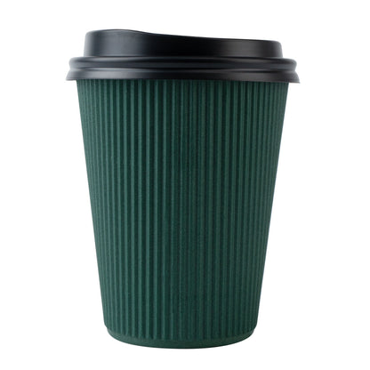 Restpresso 12 oz Dark Green Paper Ripple Wall Coffee Cup - with Black Lid - 3 1/2" x 3 1/2" x 5" - 200 count box