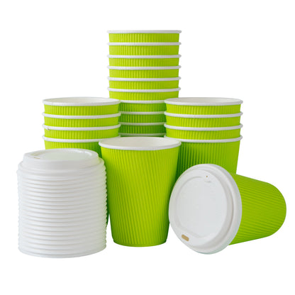 Restpresso 12 oz Eco Green Paper Ripple Wall Coffee Cup - with White Lid - 3 1/2" x 3 1/2" x 5" - 200 count box