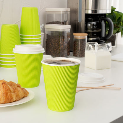 Restpresso 12 oz Eco Green Paper Ripple Wall Coffee Cup - with White Lid - 3 1/2" x 3 1/2" x 5" - 200 count box