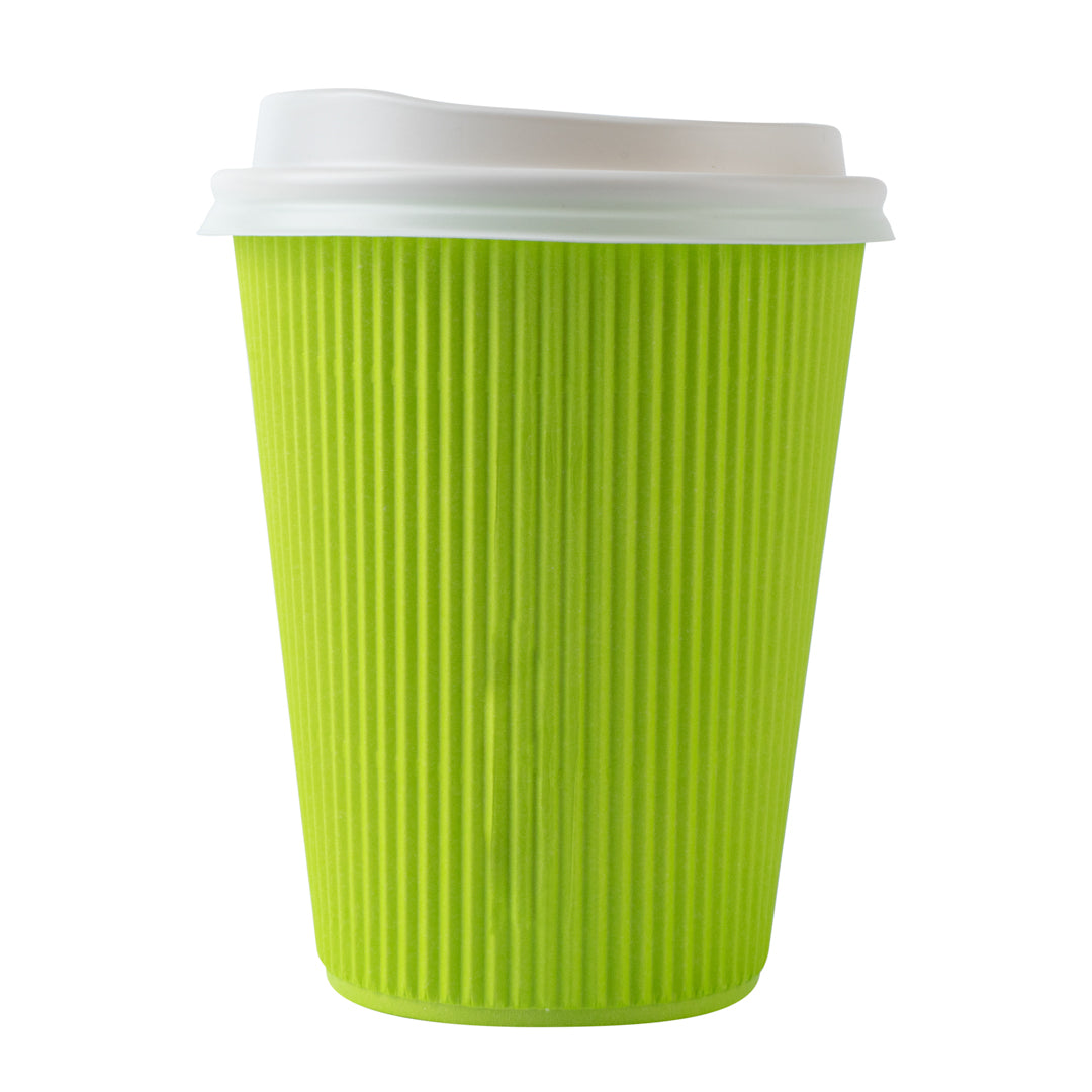 Restpresso 12 oz Eco Green Paper Ripple Wall Coffee Cup - with White Lid - 3 1/2" x 3 1/2" x 5" - 200 count box