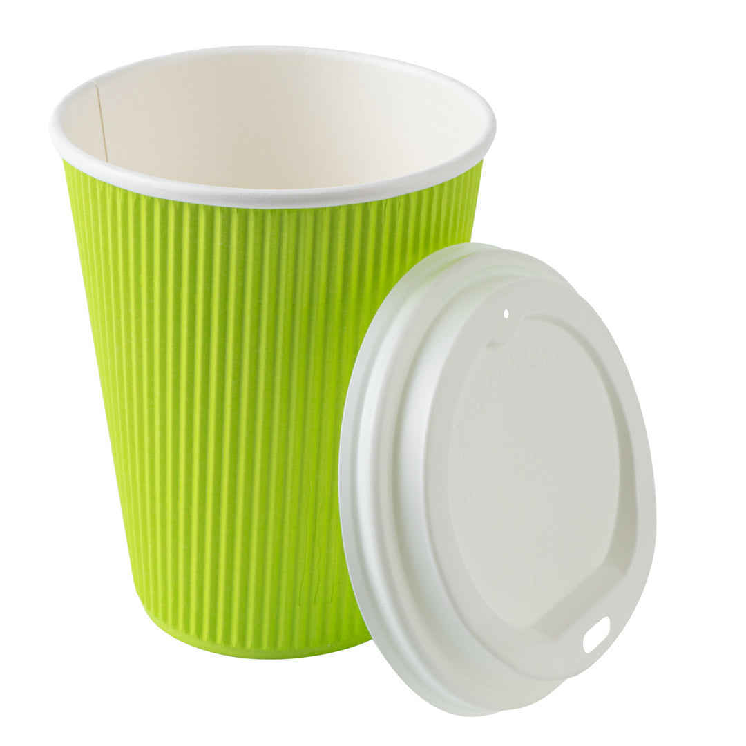 Restpresso 12 oz Eco Green Paper Ripple Wall Coffee Cup - with White Lid - 3 1/2" x 3 1/2" x 5" - 200 count box