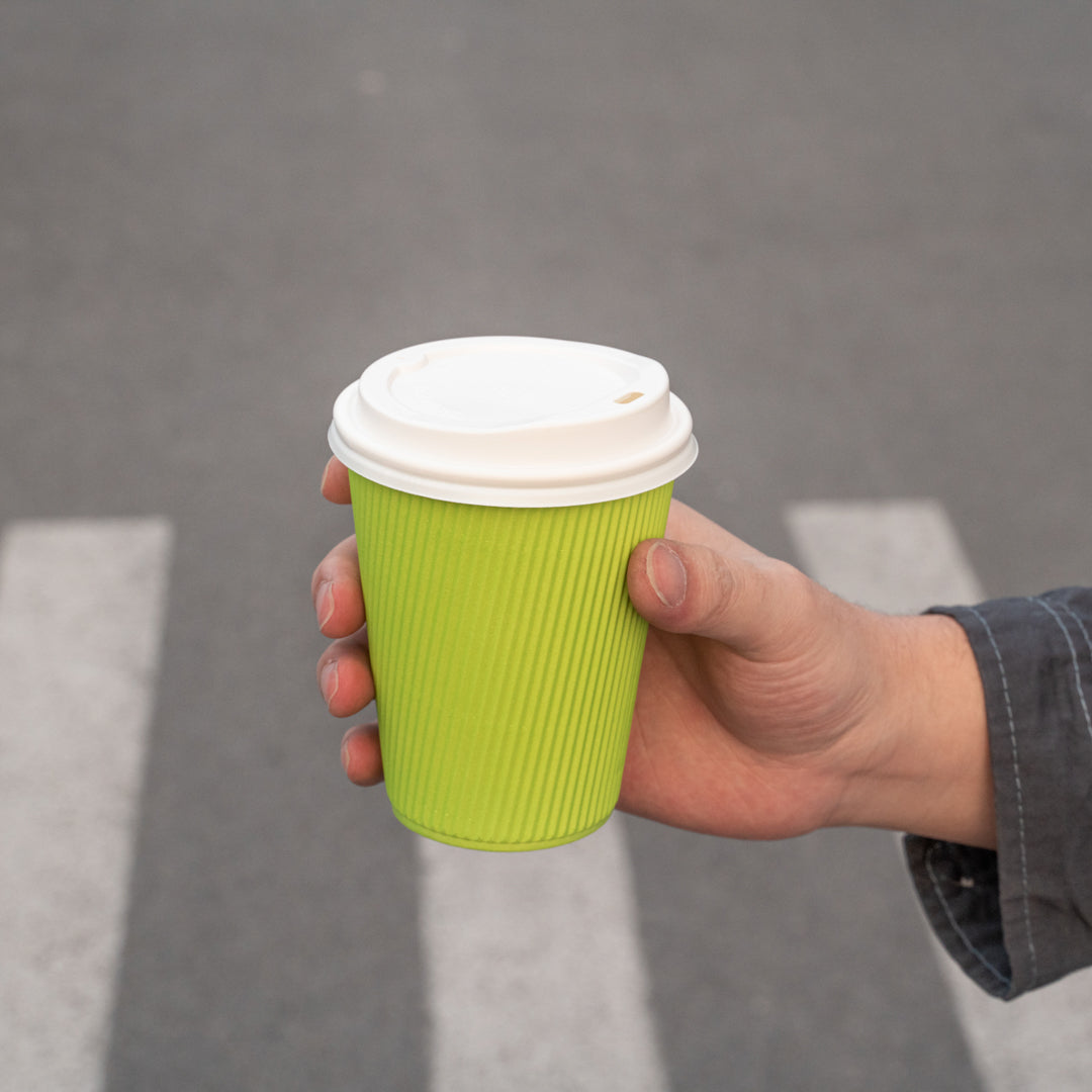 Restpresso 12 oz Eco Green Paper Ripple Wall Coffee Cup - with White Lid - 3 1/2" x 3 1/2" x 5" - 200 count box