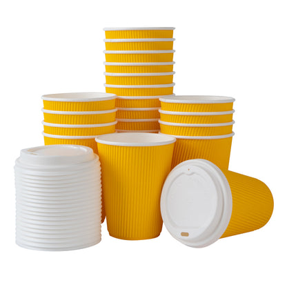 Restpresso 12 oz Yellow Paper Ripple Wall Coffee Cup - with White Lid - 3 1/2" x 3 1/2" x 5" - 20 count box