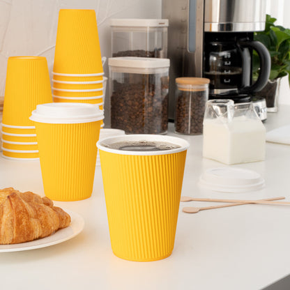 Restpresso 12 oz Yellow Paper Ripple Wall Coffee Cup - with White Lid - 3 1/2" x 3 1/2" x 5" - 20 count box