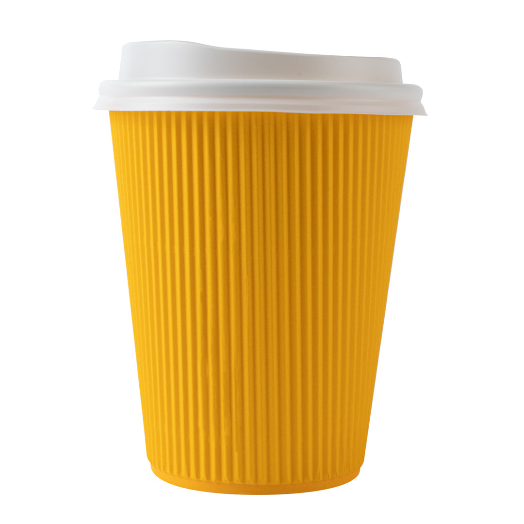 Restpresso 12 oz Yellow Paper Ripple Wall Coffee Cup - with White Lid - 3 1/2" x 3 1/2" x 5" - 200 count box