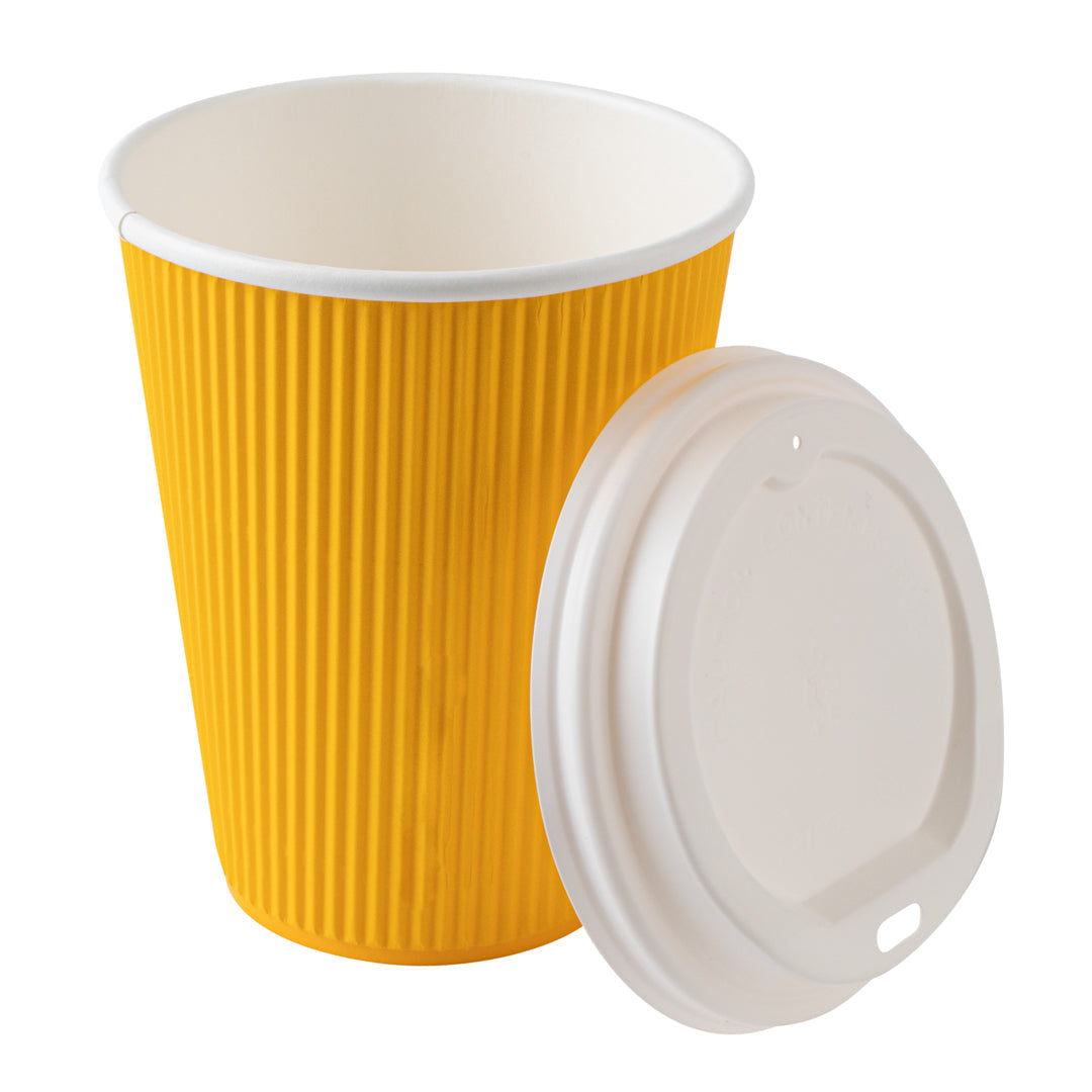 Restpresso 12 oz Yellow Paper Ripple Wall Coffee Cup - with White Lid - 3 1/2" x 3 1/2" x 5" - 200 count box
