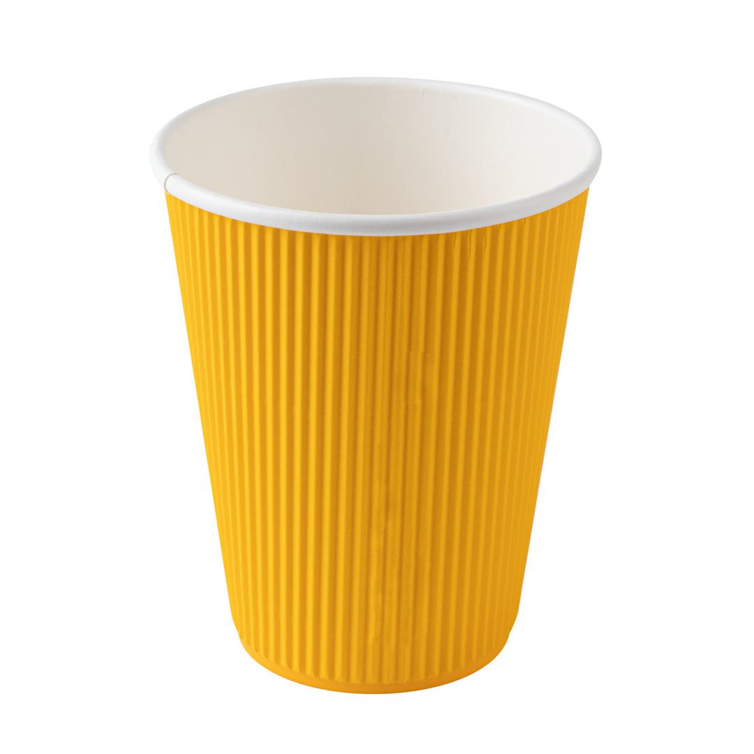 Restpresso 12 oz Yellow Paper Ripple Wall Coffee Cup - with White Lid - 3 1/2" x 3 1/2" x 5" - 200 count box
