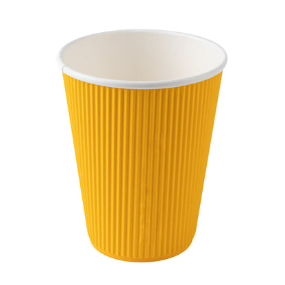 Restpresso 12 oz Yellow Paper Ripple Wall Coffee Cup - with White Lid - 3 1/2" x 3 1/2" x 5" - 200 count box