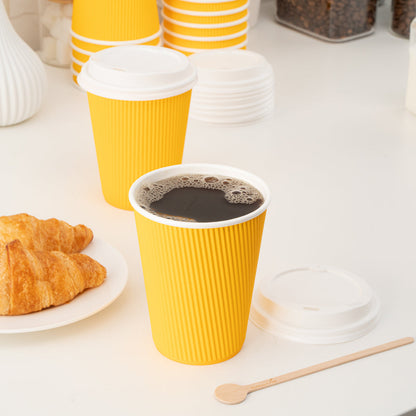 Restpresso 12 oz Yellow Paper Ripple Wall Coffee Cup - with White Lid - 3 1/2" x 3 1/2" x 5" - 200 count box
