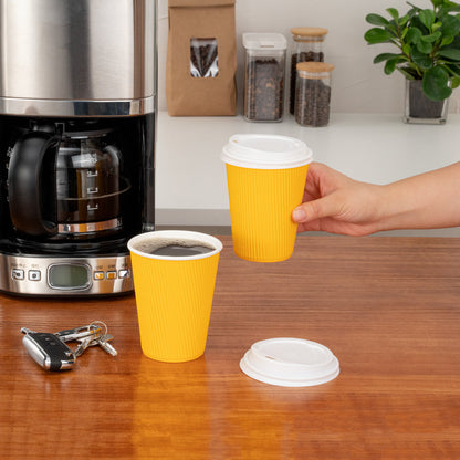 Restpresso 12 oz Yellow Paper Ripple Wall Coffee Cup - with White Lid - 3 1/2" x 3 1/2" x 5" - 200 count box