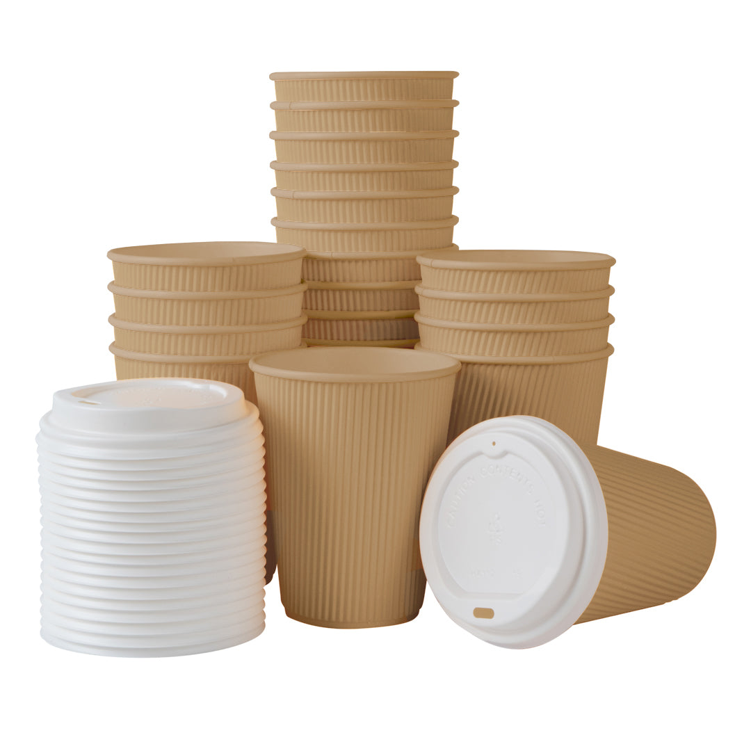 Restpresso 12 oz Kraft Paper Ripple Wall Coffee Cup - with White Lid - 3 1/2" x 3 1/2" x 5" - 20 count box