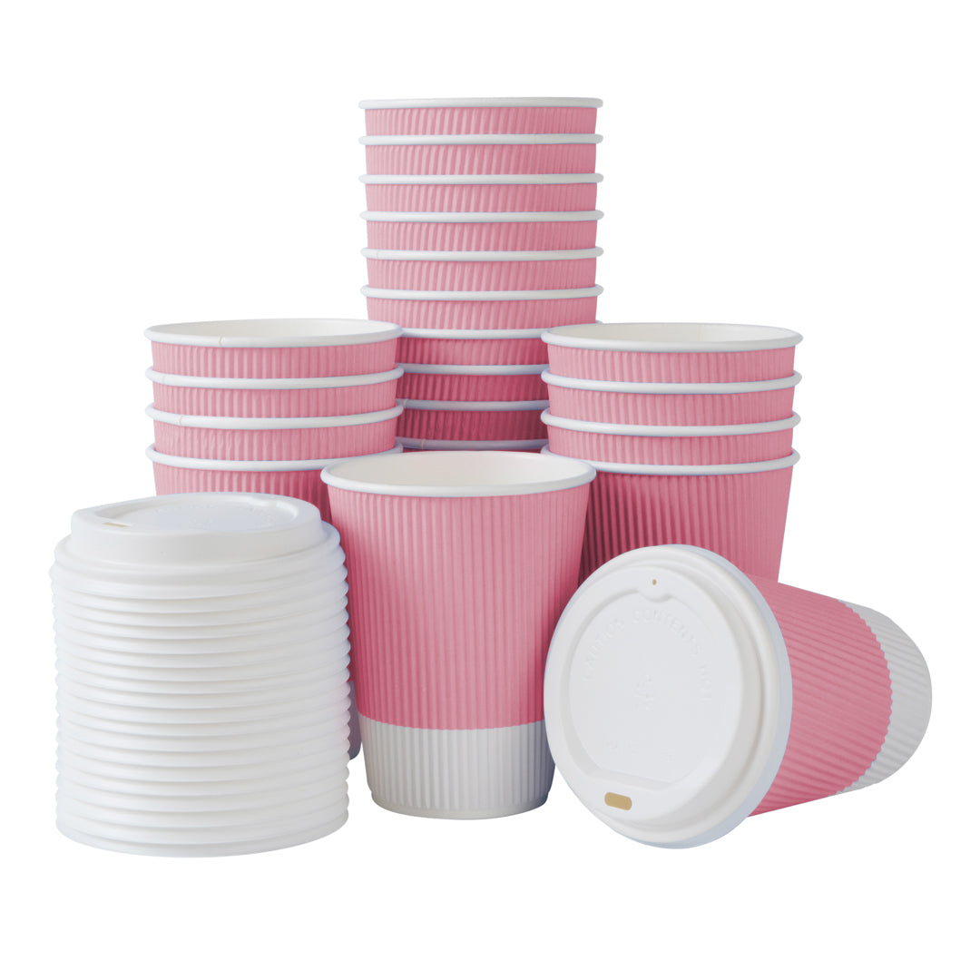 Restpresso 12 oz Light Pink Paper Ripple Wall Coffee Cup - with White Lid - 3 1/2" x 3 1/2" x 5" - 200 count box