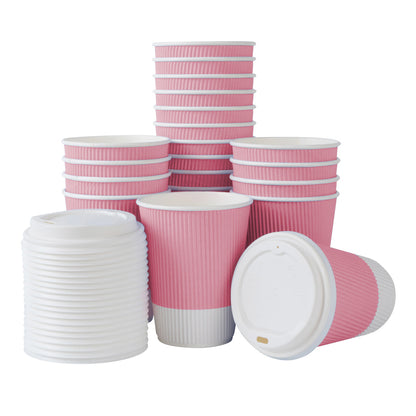 Restpresso 12 oz Light Pink Paper Ripple Wall Coffee Cup - with White Lid - 3 1/2" x 3 1/2" x 5" - 200 count box