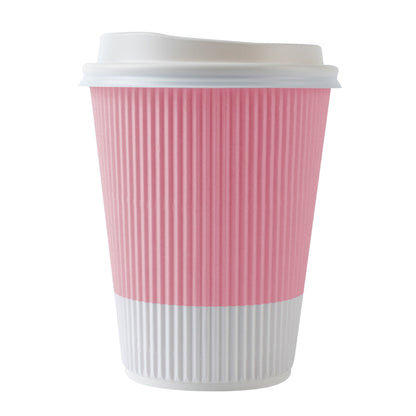 Restpresso 12 oz Light Pink Paper Ripple Wall Coffee Cup - with White Lid - 3 1/2" x 3 1/2" x 5" - 200 count box