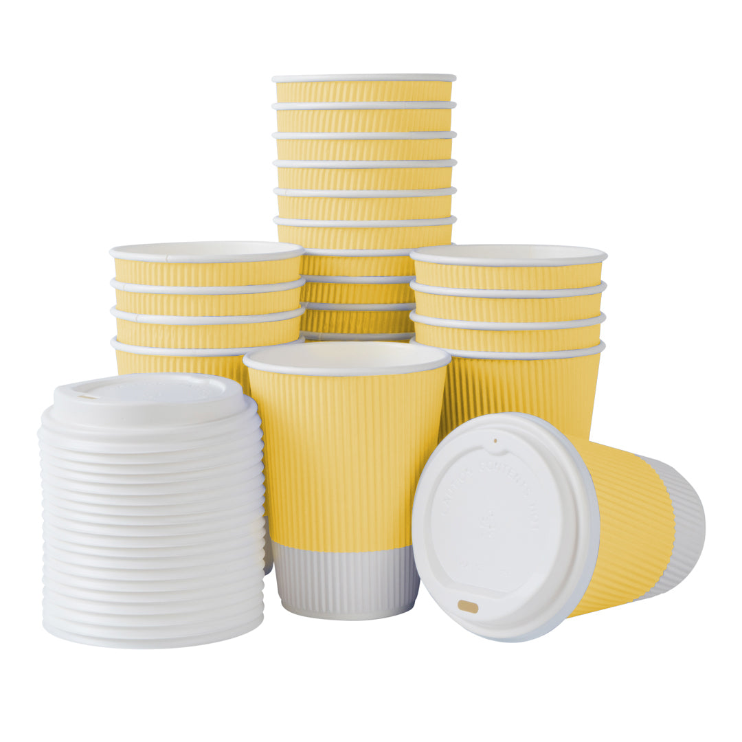 Restpresso 12 oz Light Yellow Paper Ripple Wall Coffee Cup - with White Lid - 3 1/2" x 3 1/2" x 5" - 20 count box