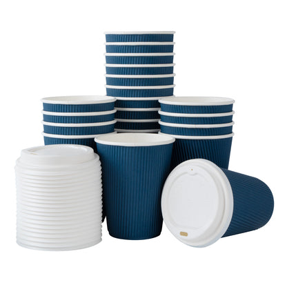 Restpresso 12 oz Midnight Blue Paper Ripple Wall Coffee Cup - with White Lid - 3 1/2" x 3 1/2" x 5" - 20 count box