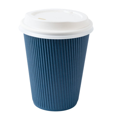 Restpresso 12 oz Midnight Blue Paper Ripple Wall Coffee Cup - with White Lid - 3 1/2" x 3 1/2" x 5" - 20 count box