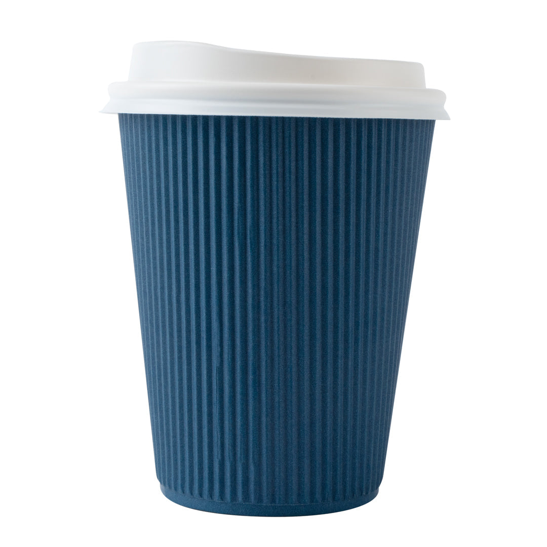 Restpresso 12 oz Midnight Blue Paper Ripple Wall Coffee Cup - with White Lid - 3 1/2" x 3 1/2" x 5" - 20 count box
