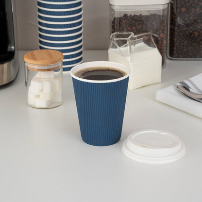 Restpresso 12 oz Midnight Blue Paper Ripple Wall Coffee Cup - with White Lid - 3 1/2" x 3 1/2" x 5" - 20 count box