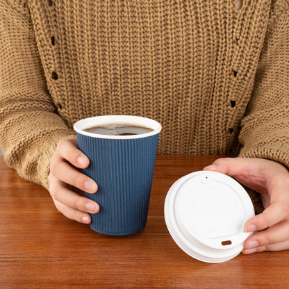 Restpresso 12 oz Midnight Blue Paper Ripple Wall Coffee Cup - with White Lid - 3 1/2" x 3 1/2" x 5" - 20 count box